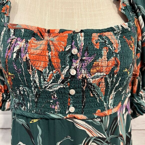 Anthropologie Puff Sleeve Smocked Floral Midi Dress Size Small Tropical - Picture 6 of 11